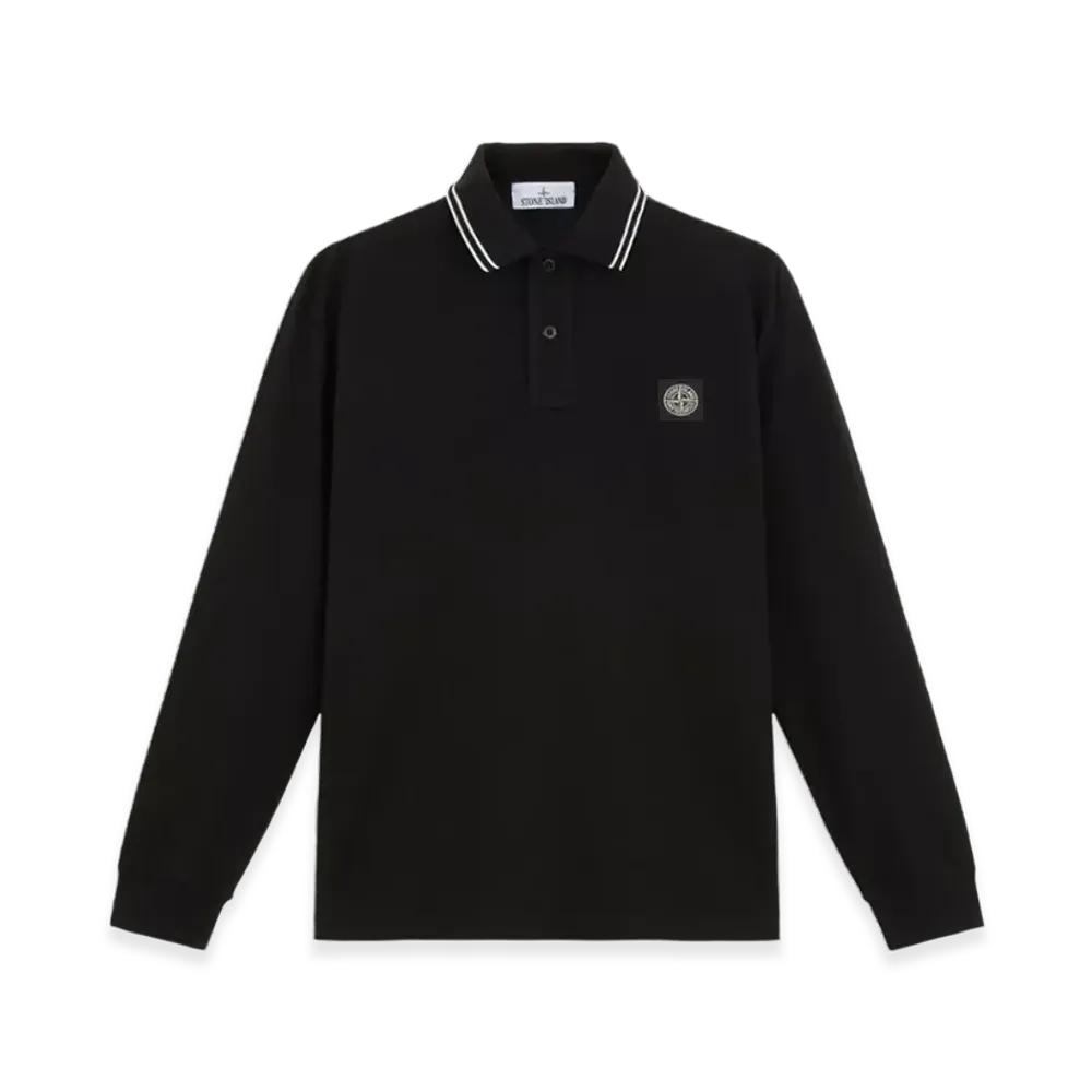 Stone Island 2SL18 Stretch Organic Cotton Pique Slim Fit Long-Sleeve Polo Shirt - 24FW "Black"