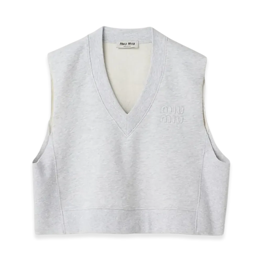 MIU MIU Women's Embroidered Cotton Fleece Sweater T-shirt "Grey"
