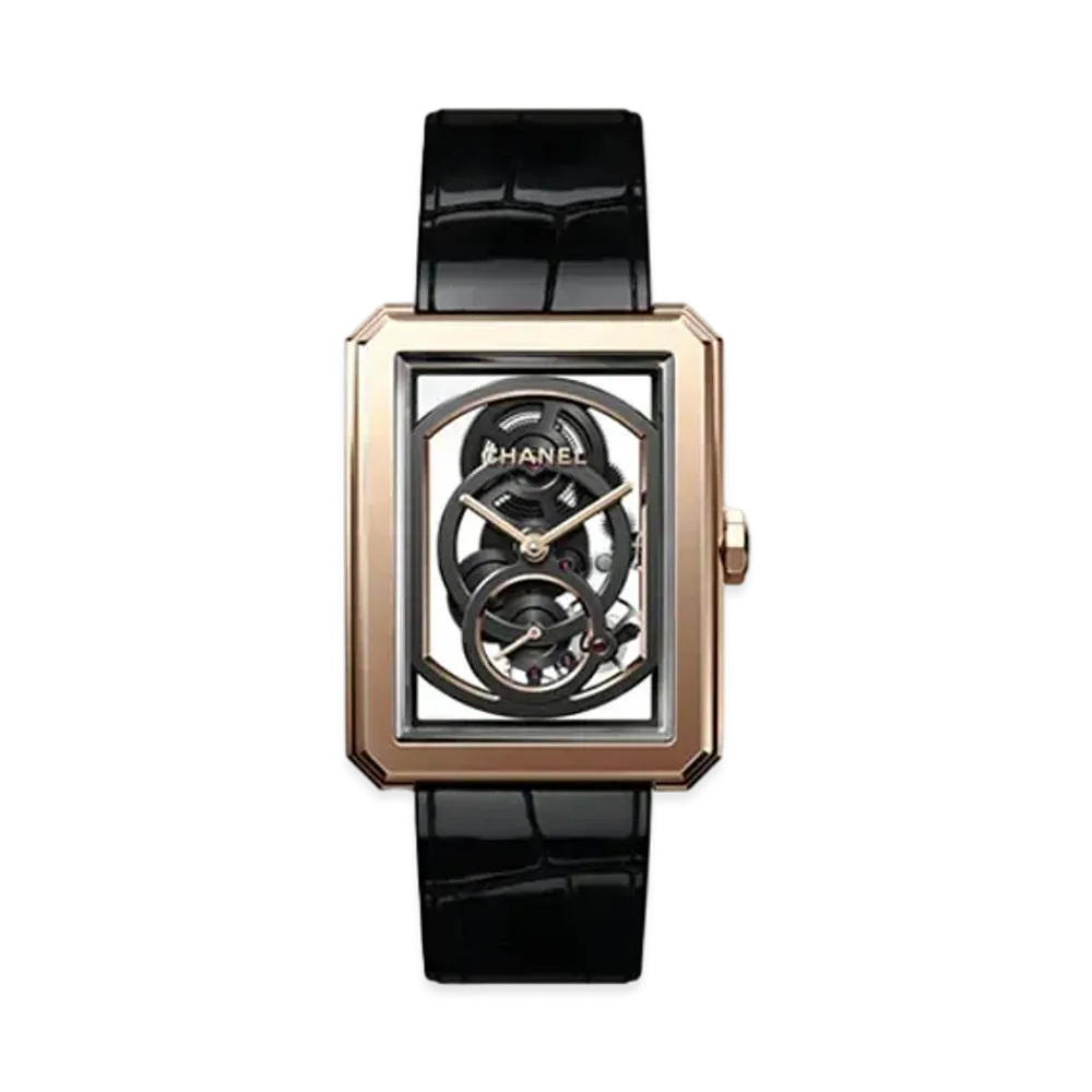 CHANEL Boy Friend Skeleton Watch Large Version Alligator Pattern Calfskin Strap "Beige Gold"