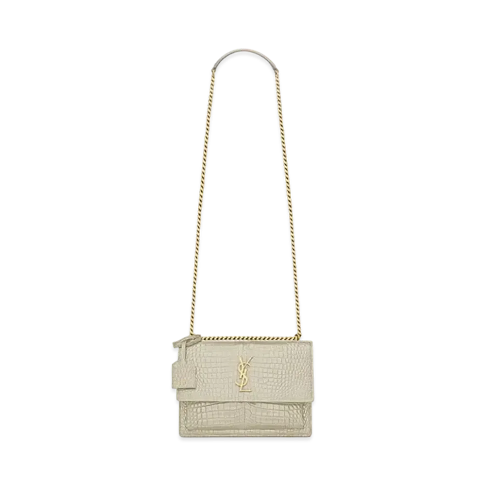 Saint Laurent LAURENT Sunset Medium In Crocodile-Embossed Shiny Leather "Vintage White"
