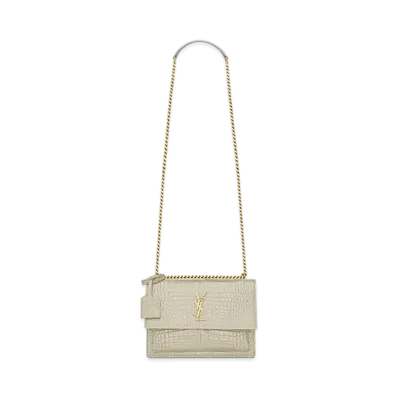 Saint Laurent LAURENT Sunset Medium In Crocodile-Embossed Shiny Leather "Vintage White"
