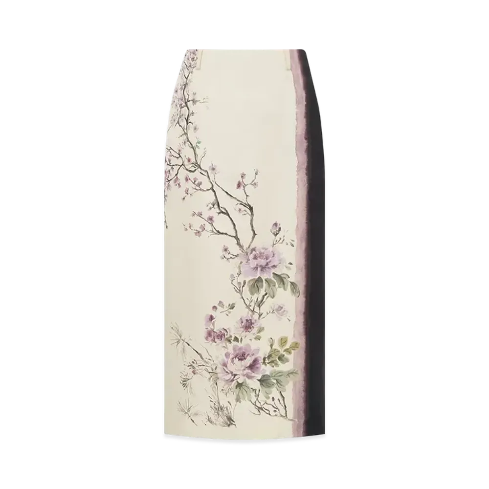 Dior Women's Mid-Length Straight Skirt Silk Faille with Dior Pivoine Motif "White/Multicolor"