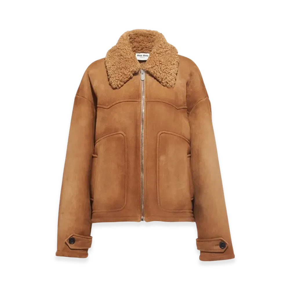 MIU MIU Women's Oversized Suede Shearling Jacket "Cork Beige"