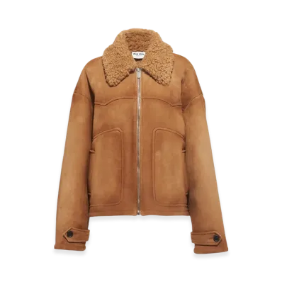 MIU MIU Women's Oversized Suede Shearling Jacket "Cork Beige"