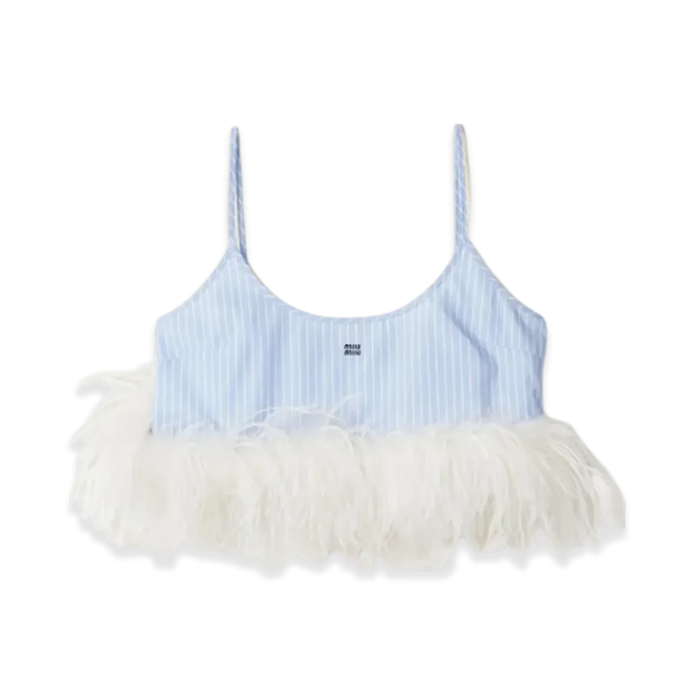 MIU MIU Women's Feather Trimmed Striped Cotton Top "Sky Blue/White"