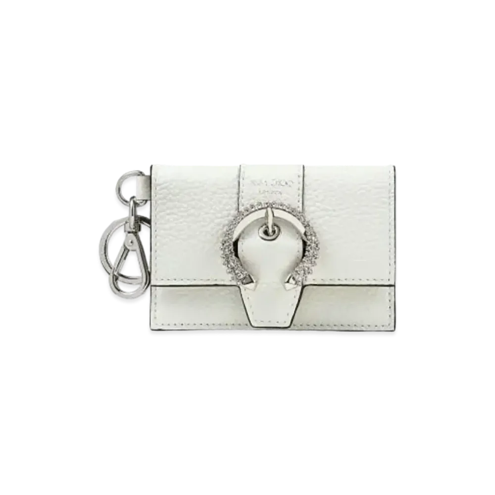 JIMMY CHOO FLAP CARDHOLDER Soft Grainy Calf Leather Card Case With Crystal Buckle "Latte"