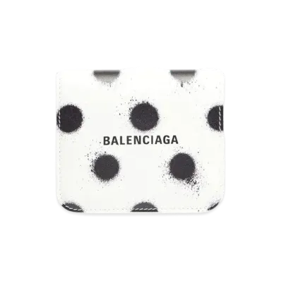 BALENCIAGA Cash Flap Coin And Card Holder In Sprayed Polka Dots Printed Smooth Calfskin "White"