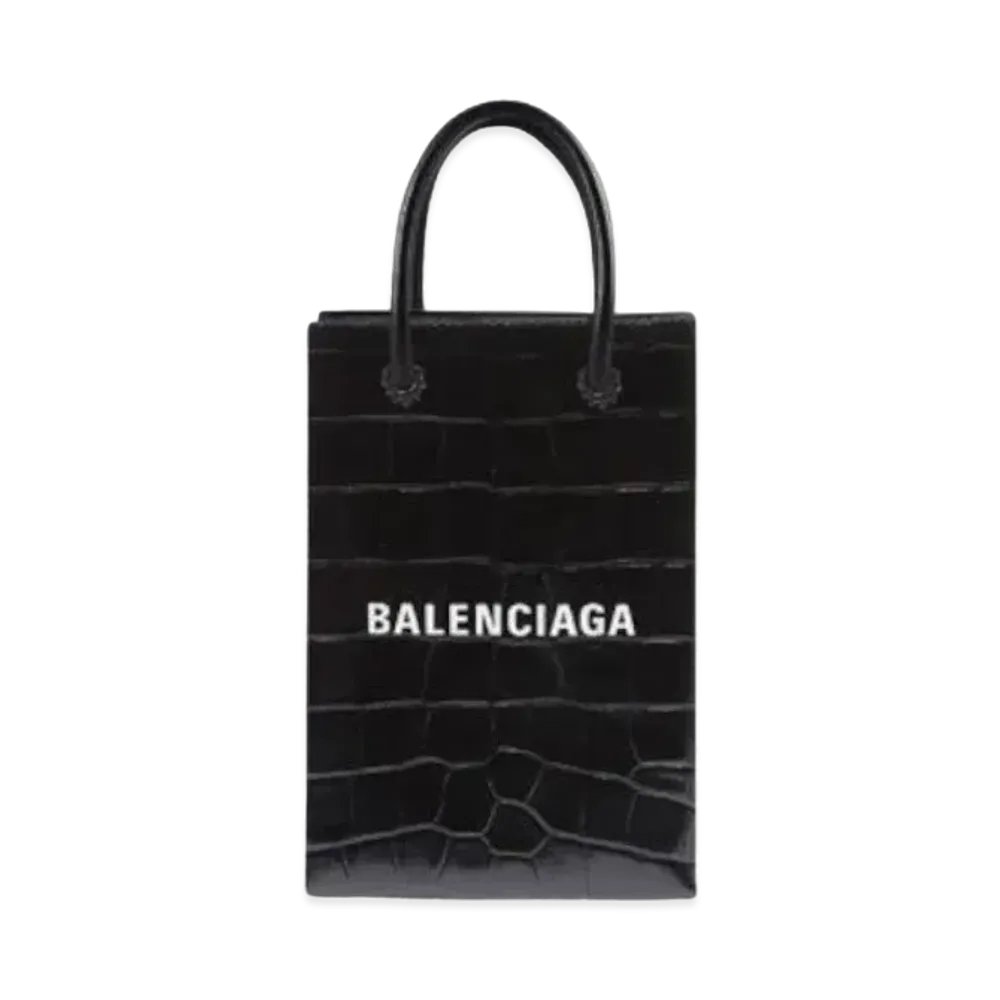 BALENCIAGA Shopping Phone Holder In Shiny Crocodile Embossed Calfskin "Black"