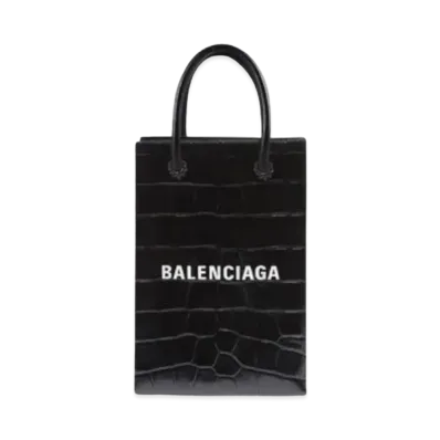 BALENCIAGA Shopping Phone Holder In Shiny Crocodile Embossed Calfskin "Black"