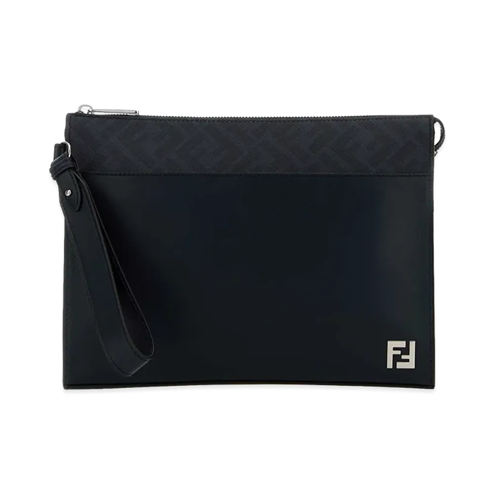 FENDI Leather Squared FF Clutch "Midnight Blue"