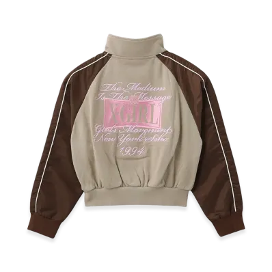 X-Girl Women's Woven Mix Sweat Zip Up Top "Beige"
