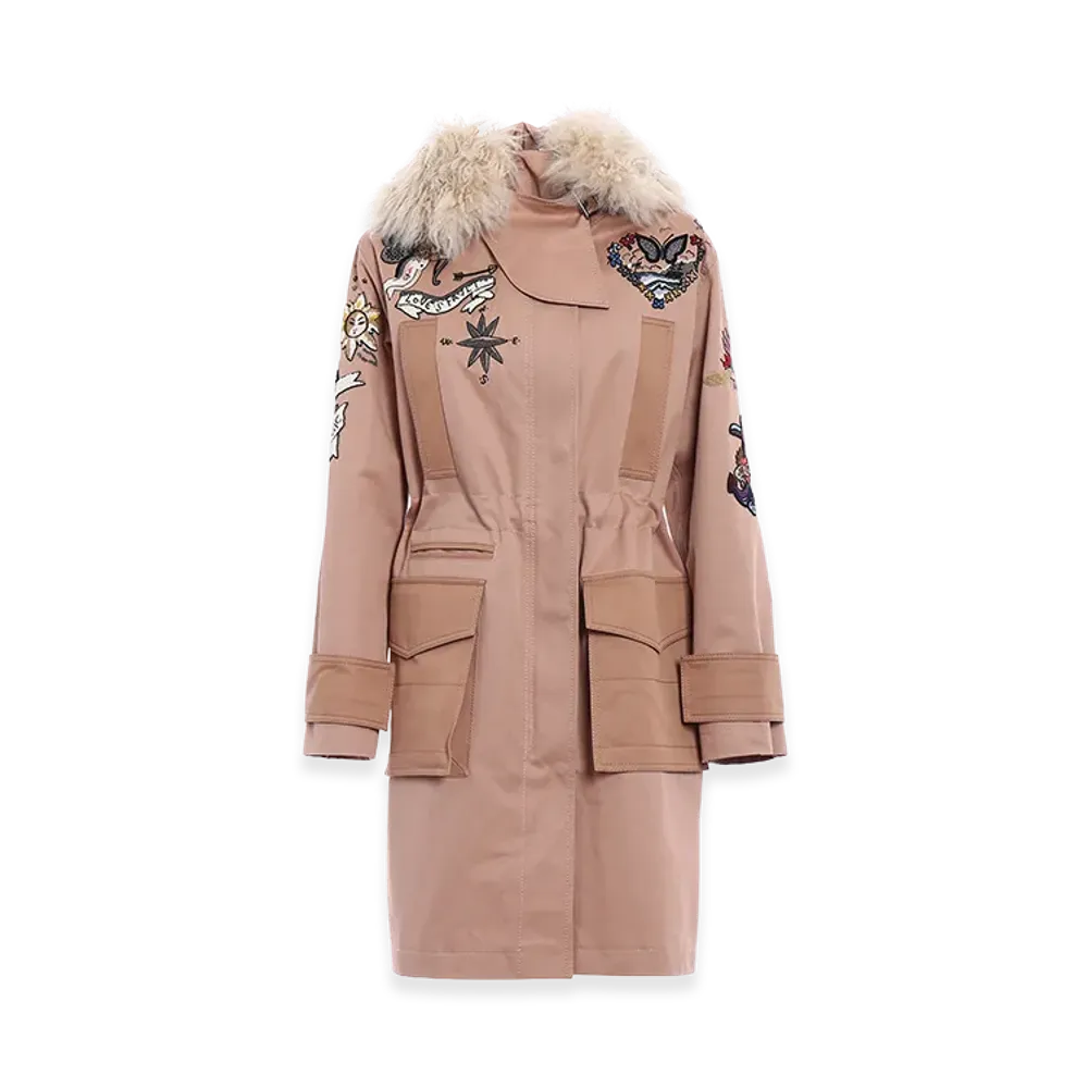 Valentino Women's Fur Trim Tattoo Embroidered Parka "Nude/Neutrals"
