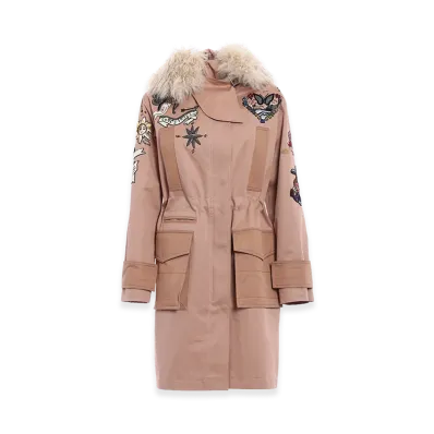 Valentino Women's Fur Trim Tattoo Embroidered Parka "Nude/Neutrals"