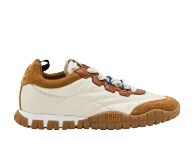 MIU MIU Women's Tyre Technical Fabric and Suede Sneakers "White/Brown"
