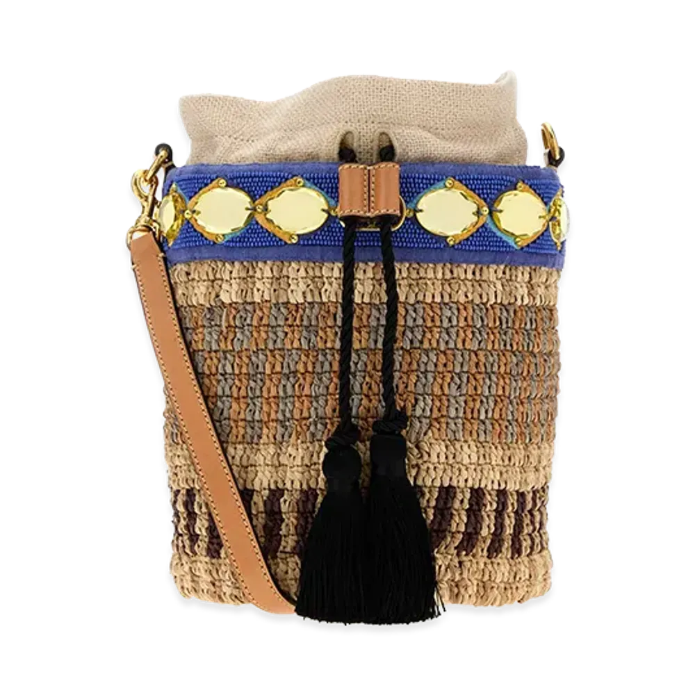Valentino Women's Embroidered Raffia V Logo Signature Bucket Bag "Stripped"