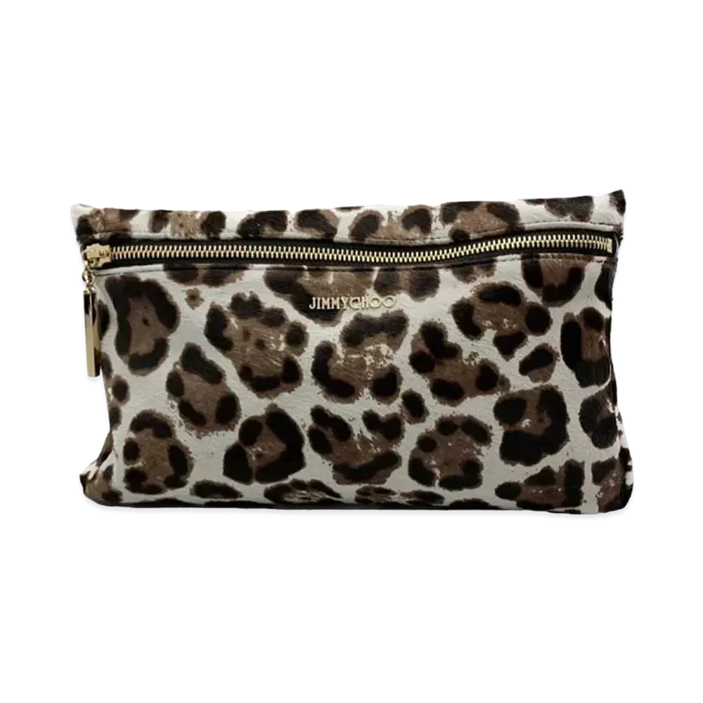 Jimmy Choo Zena Print Pouch Leopard Calf Hair Clutch "Ivory/Brown"