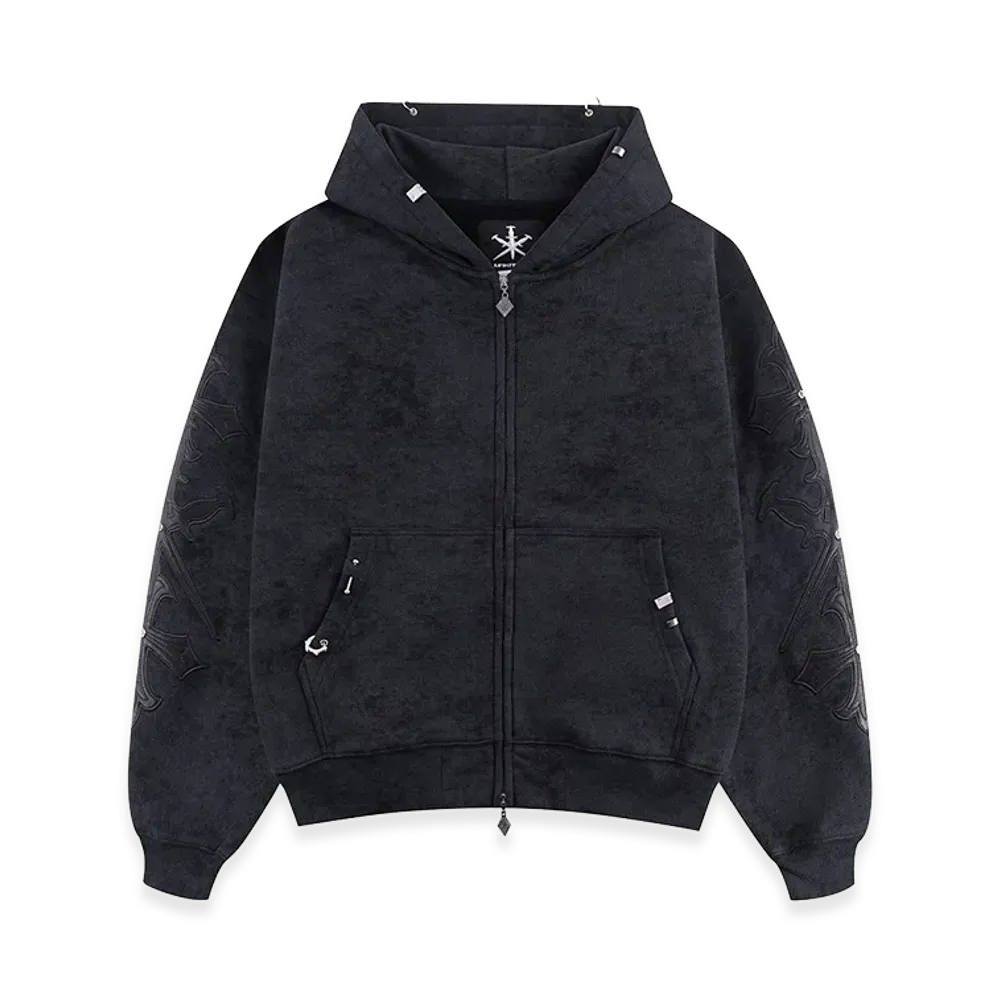 Unknown London Dagger Cross Leather Patch Zip Hoodie "Black"