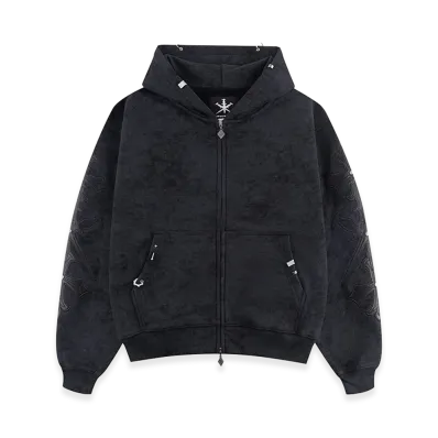 Unknown London Dagger Cross Leather Patch Zip Hoodie "Black"