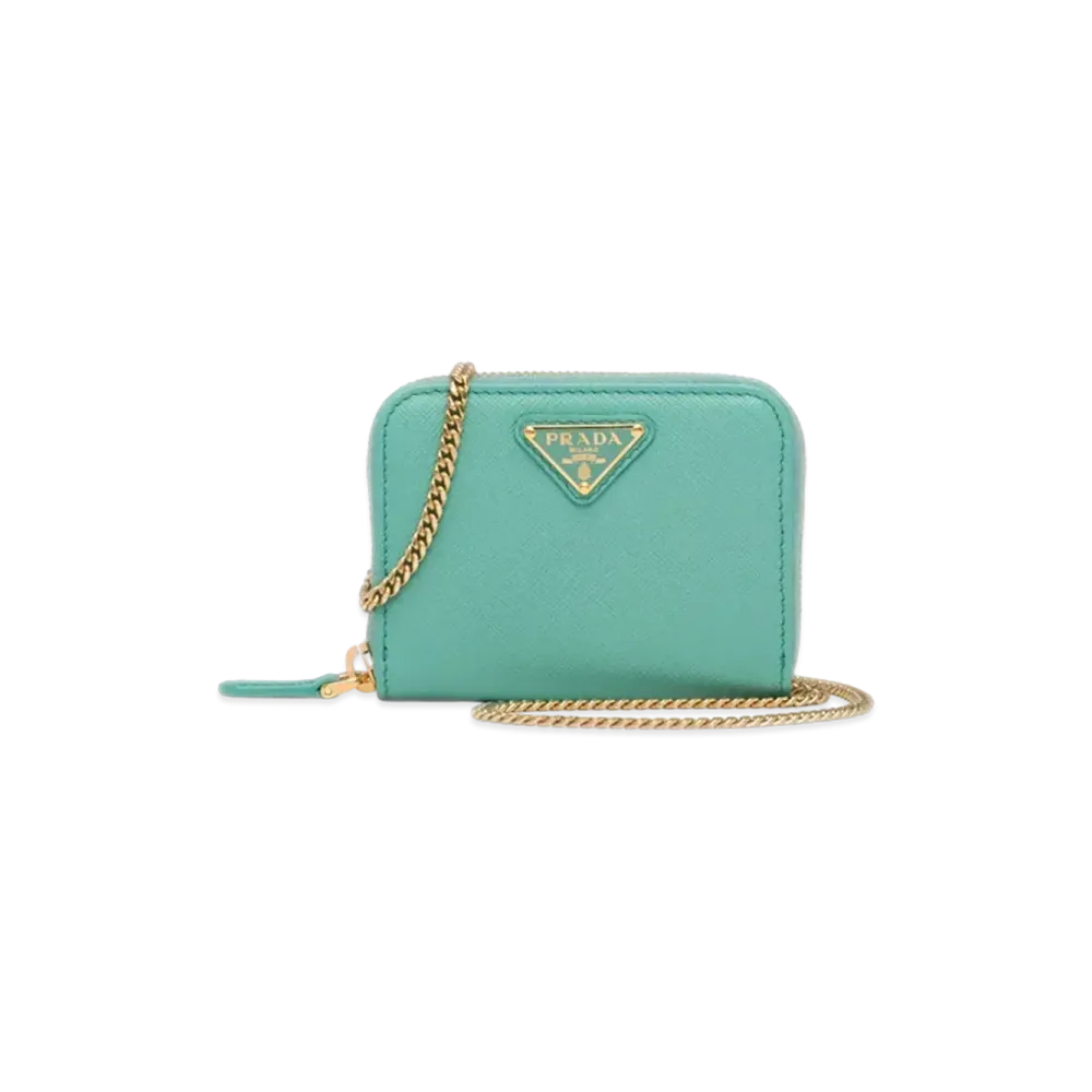PRADA Saffiano Leather Card Holder With Shoulder Strap "Emerald Green"