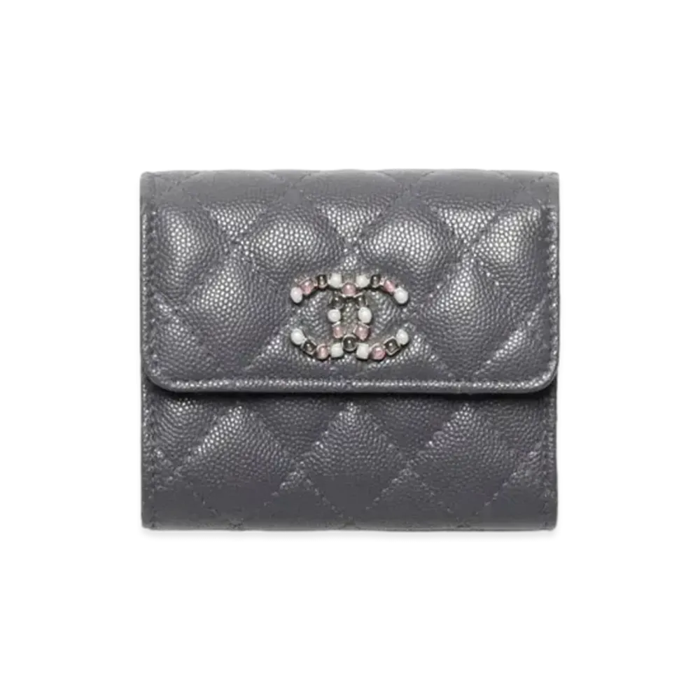 CHANEL Small Flap Wallet Shiny Grained Calfskin Enamel & Silver Tone Metal "Gray"