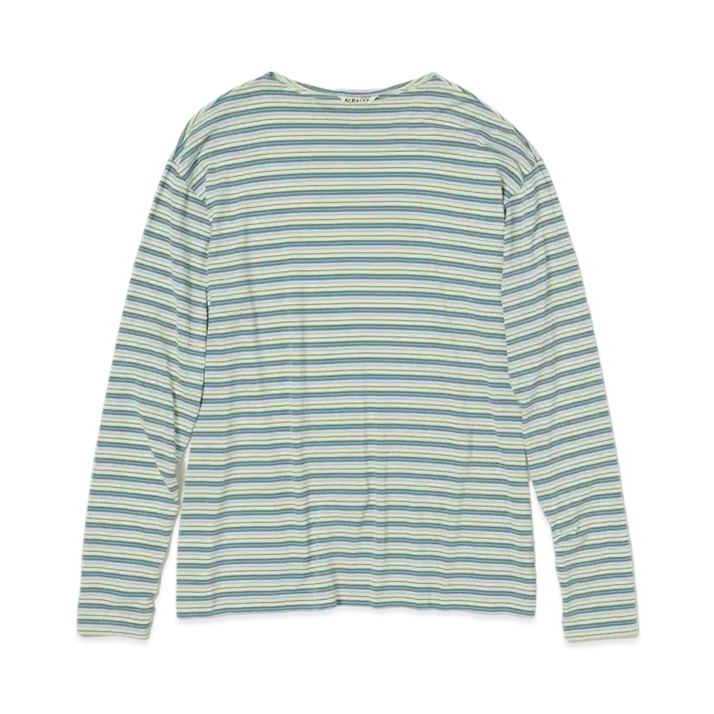 AURALEE Hard Twist Cotton Border Boat Neck L/S Tee "Light Green Border"