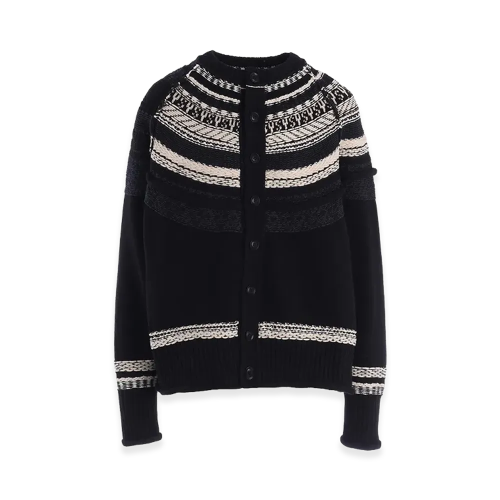 Y's Mixed Material Fair Isle Round Neck Cardigan "Black"
