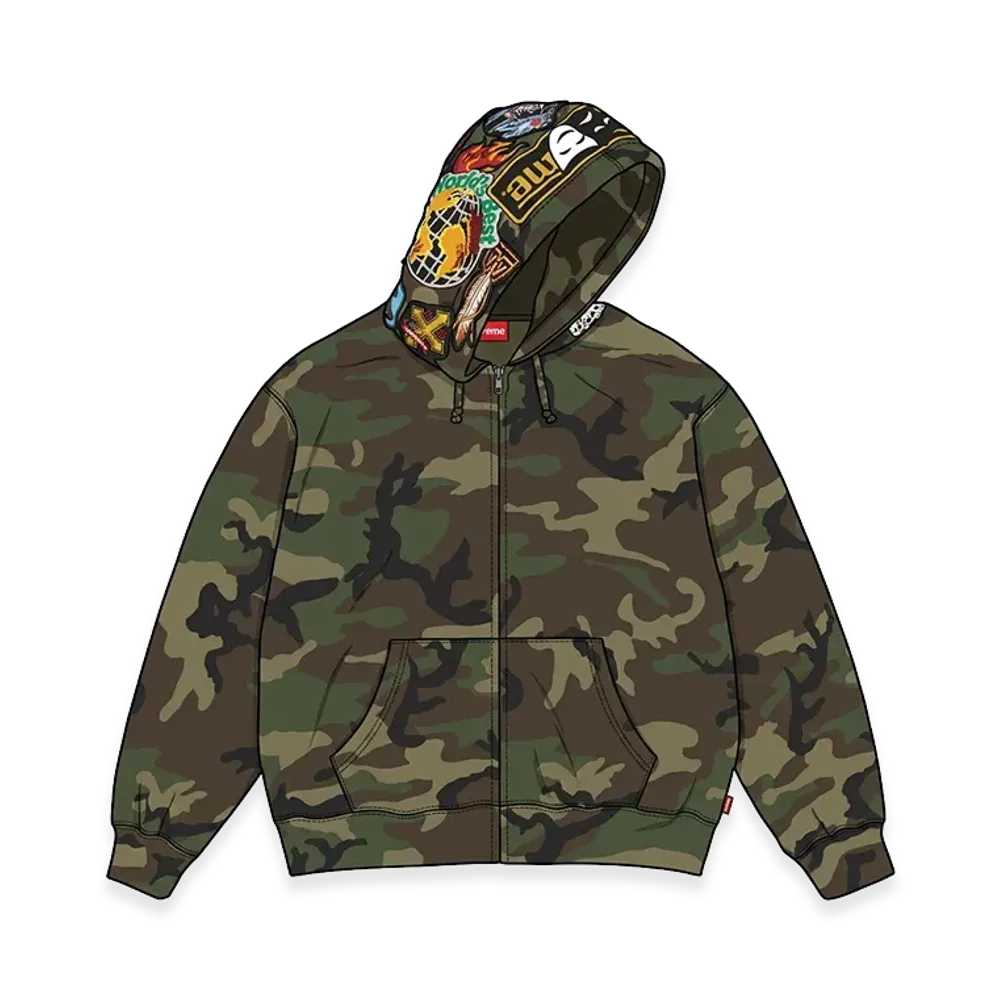 Supreme Patches Zip Up Hooded Sweatshirt "Woodland Camo"