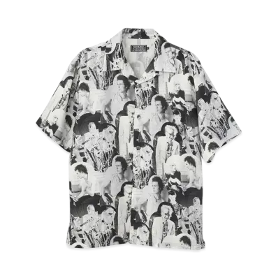 HYSTERIC GLAMOUR Dennis Morris/Bolloks Anarchy Mix Pattern Open Collar Shirt "Black"