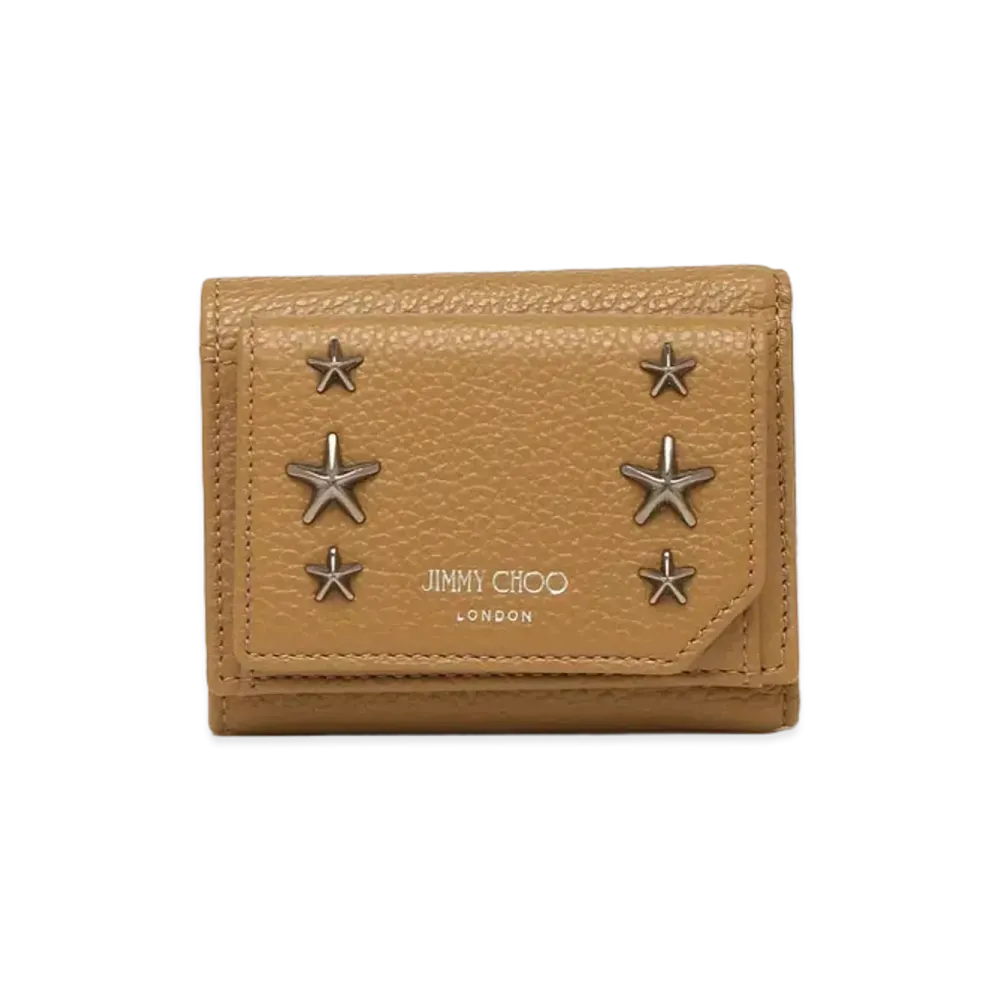 JIMMY CHOO BEALE Soft Grainy Calf Leather Wallet With Gunmetal Star Studs "Camel"