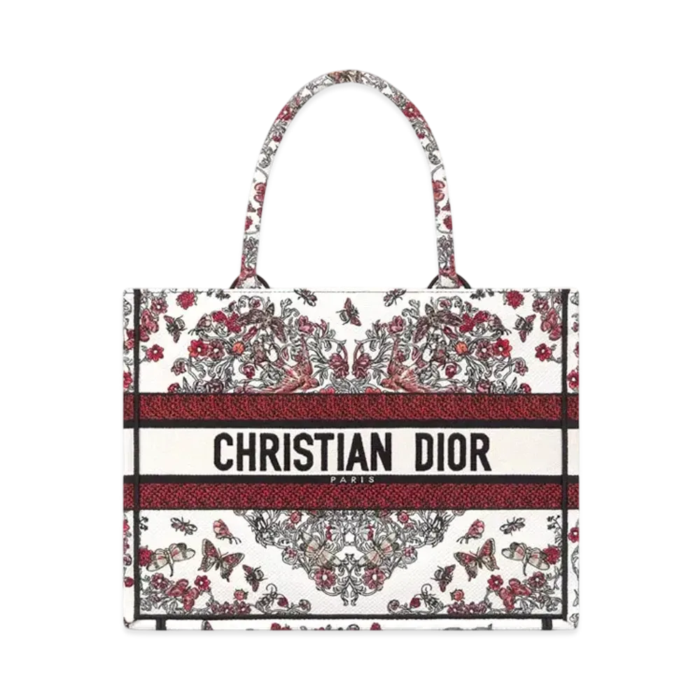 Dior Dioramour Medium Dior Book Tote Embroidery with Coeur des Curiosites Motif (36 x 27.5 x 16.5 cm) "Latte White/Multicolor"