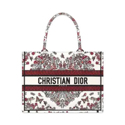 Dior Dioramour Medium Dior Book Tote Embroidery with Coeur des Curiosites Motif (36 x 27.5 x 16.5 cm) "Latte White/Multicolor"