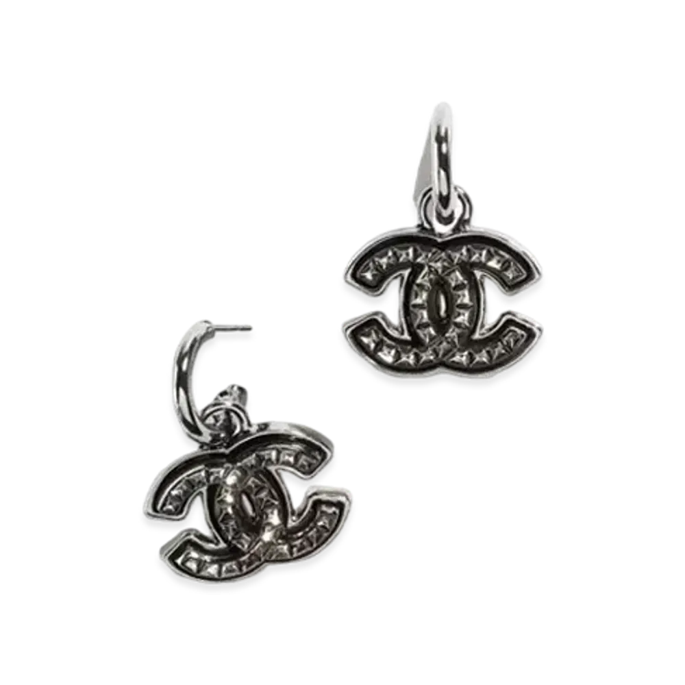 CHANEL Pendant Earrings Metal & Glass Ruthenium "Silver/Black"