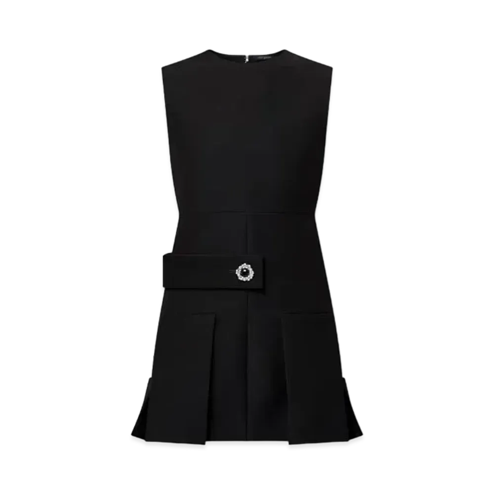 Louis Vuitton Wool Silk Button Tab Pleat Dress "Noir"