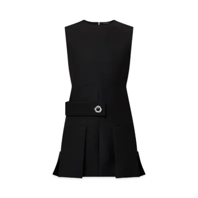 Louis Vuitton Wool Silk Button Tab Pleat Dress "Noir"