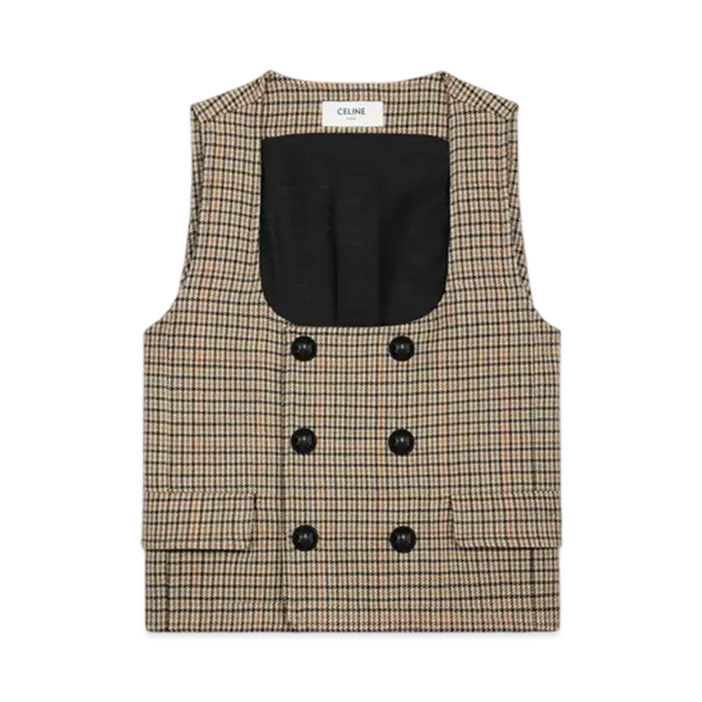 CELINE Women's Double-Breasted Vest in Houndstooth Wool "Ivoire/Camel/Noir"