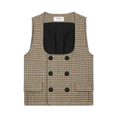 CELINE Women's Double-Breasted Vest in Houndstooth Wool "Ivoire/Camel/Noir"