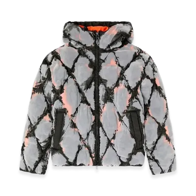 Diesel W-Dom Hooded Devore Argyle Puffer Jacket "Black Orange"