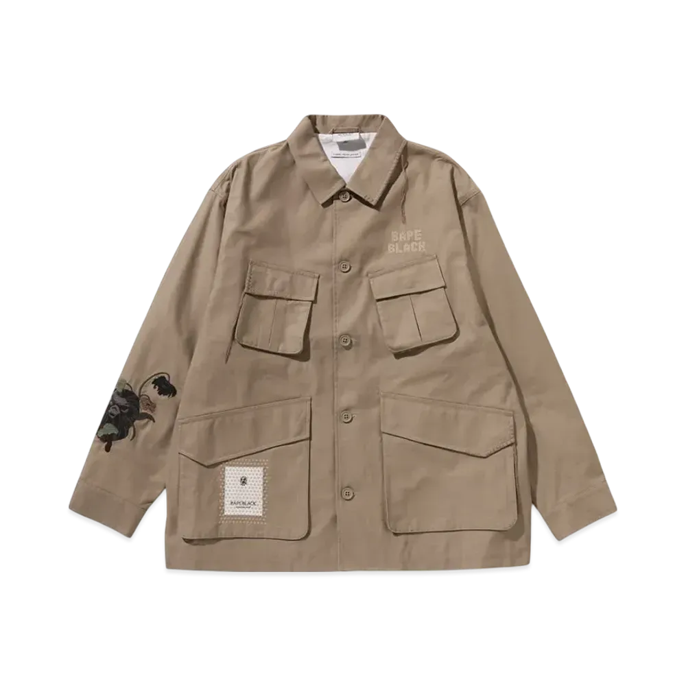 A BATHING APE Bape Black Cross Stitched Army Shirt "Beige"