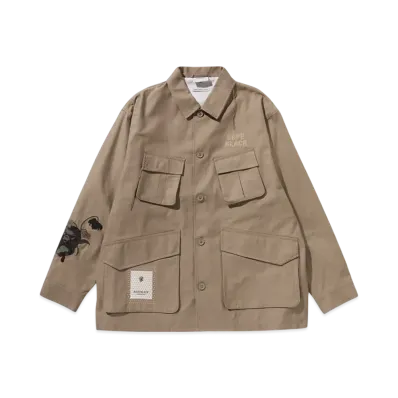 A BATHING APE Bape Black Cross Stitched Army Shirt "Beige"