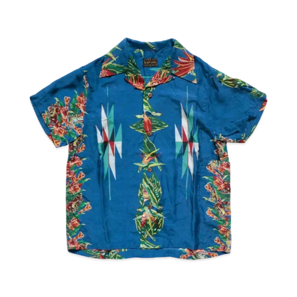 KAPITAL Silk Rayon Hibiscus Ortega Aloha Shirt "Blue"