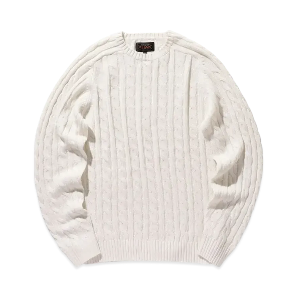 BEAMS Crew Cable Cotton Linen "White"