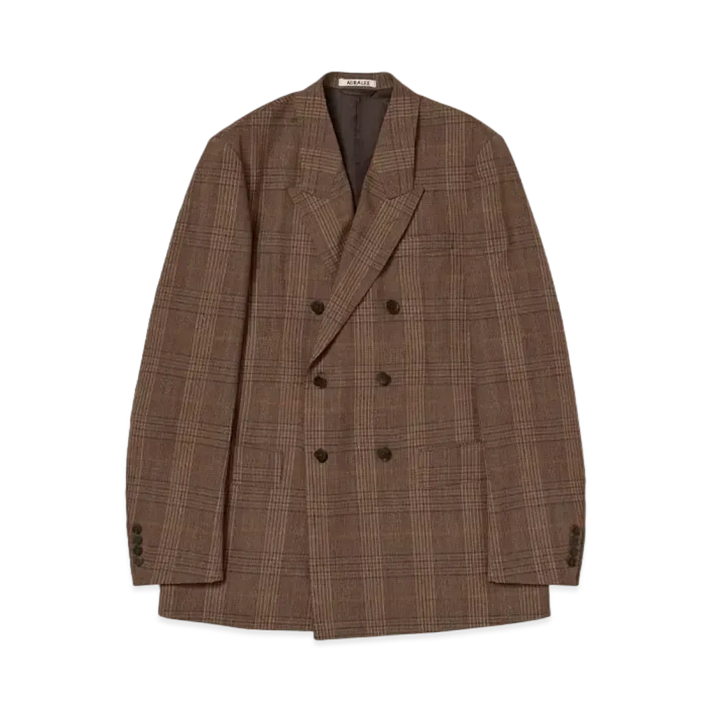 AURALEE Bluefaced Wool Check Double-Breasted Jacket "Brown Check"