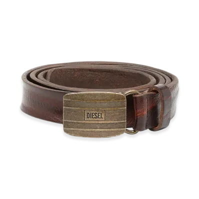 Diesel B-Biscotto Striped 2 Cm Leather Belt With Logo Buckle "Brown"