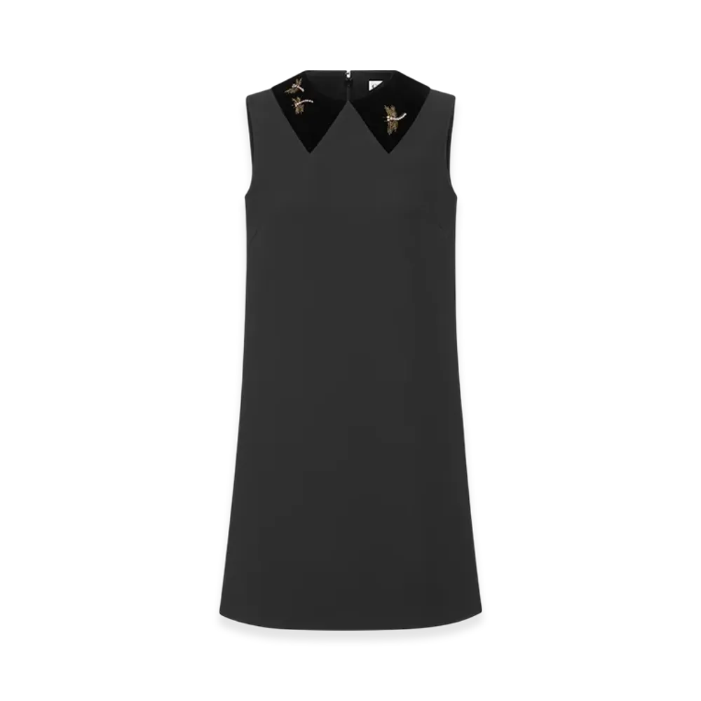 Dior Women's Wool and Silk with Dragonfly Embroidery A Line Embroidered Dress "Black"