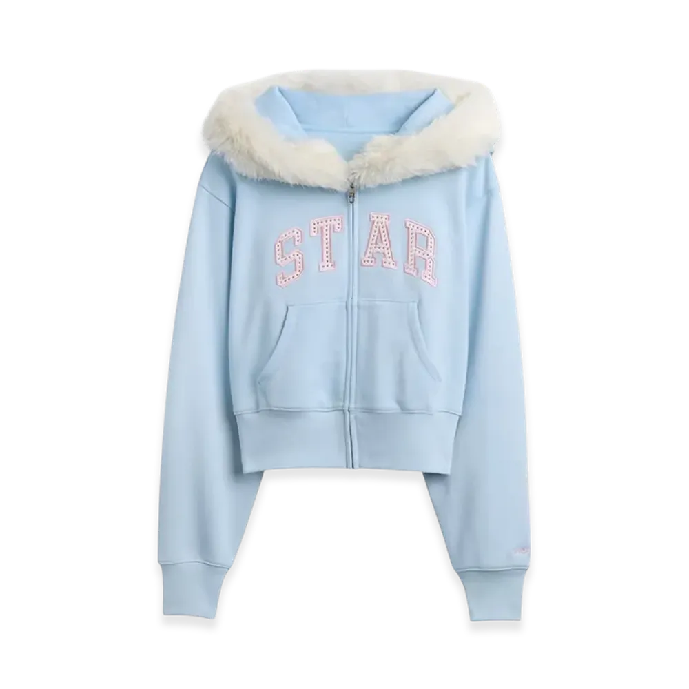 Gap x Sandy Liang Women's Vegan Fur-Trim Crop Zip Hoodie "Harbour Blue"