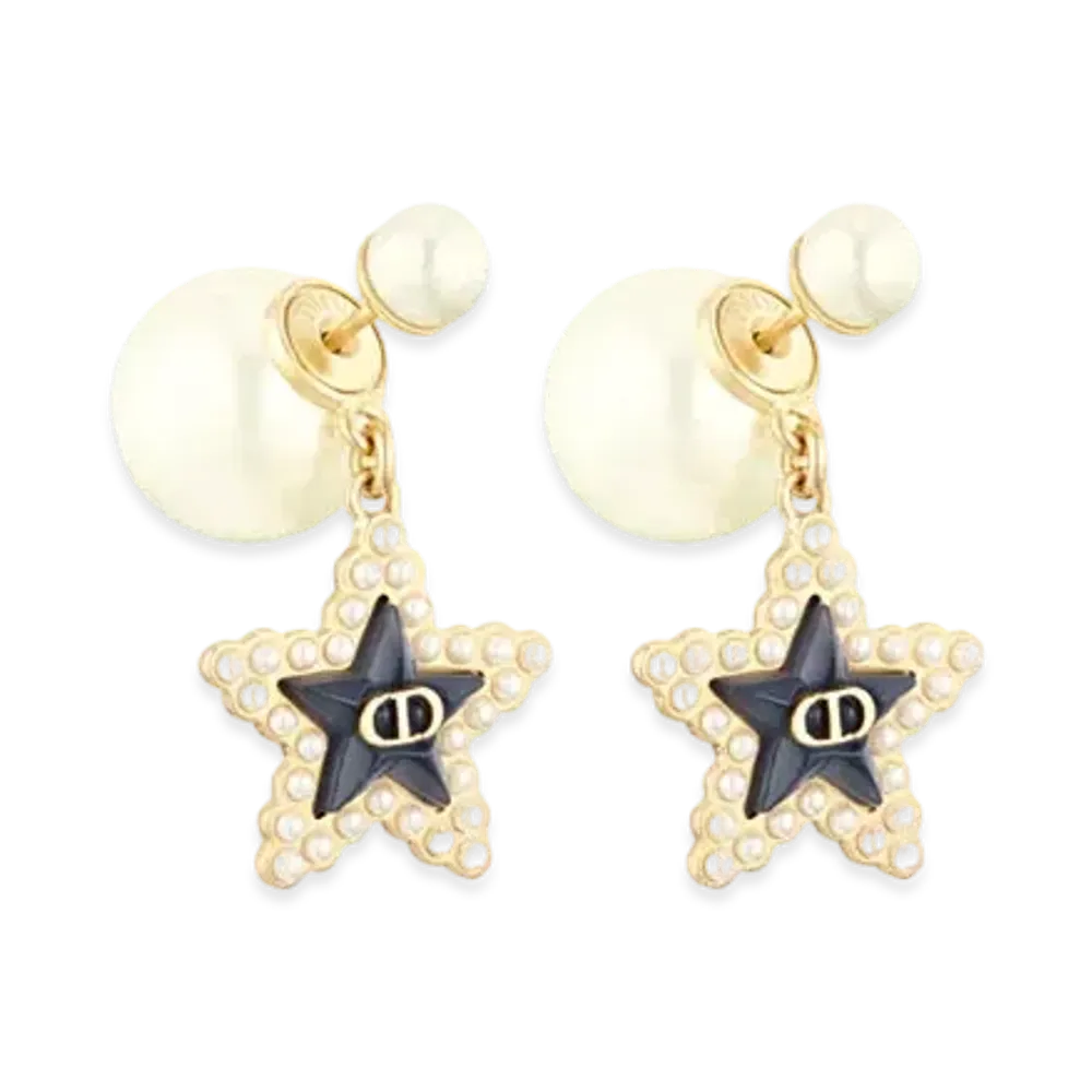 Dior Tribales Earrings Metal with White Resin Pearls and Glass "Deep Ocean Blue/Gold"