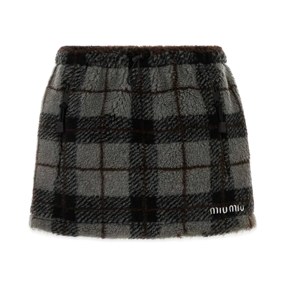 MIU MIU Women's Embroidered Teddy Fabric Mini Skirt "Checked"