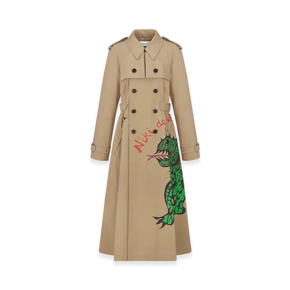 Dior Women's Trench Coat Gabardine Dragon Motif "Beige/Green"