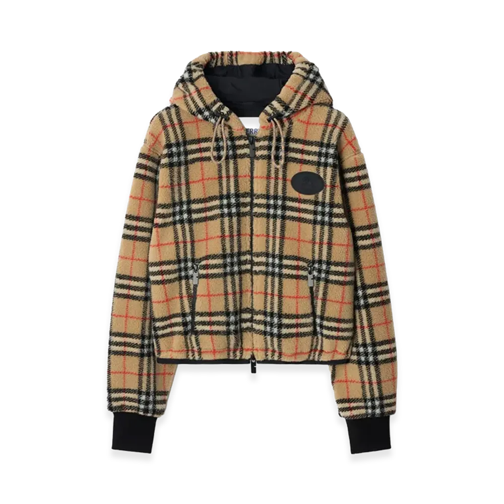 Burberry Women's Cropped Check Fleece Hooded Jacket "Sand Beige"