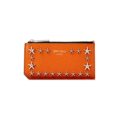JIMMY CHOO CASEY Soft Grainy Calf Leather Card Case With Star Studs "Amber Orange"